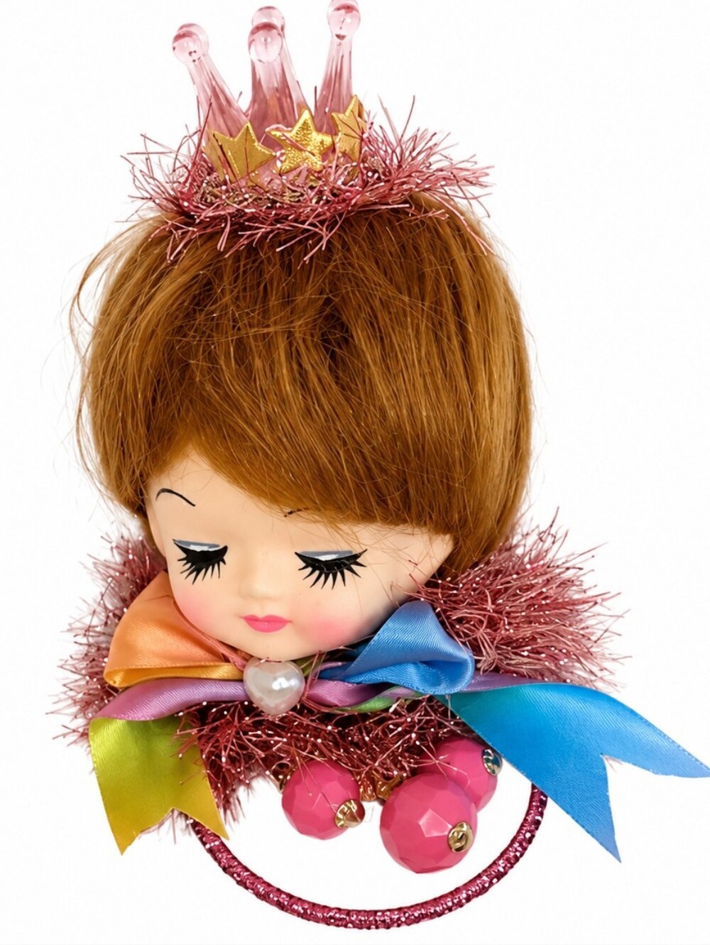 Doll Head Keychain Sleeping Beauty Angel Tiara Kitsch Ornament Vintage Style